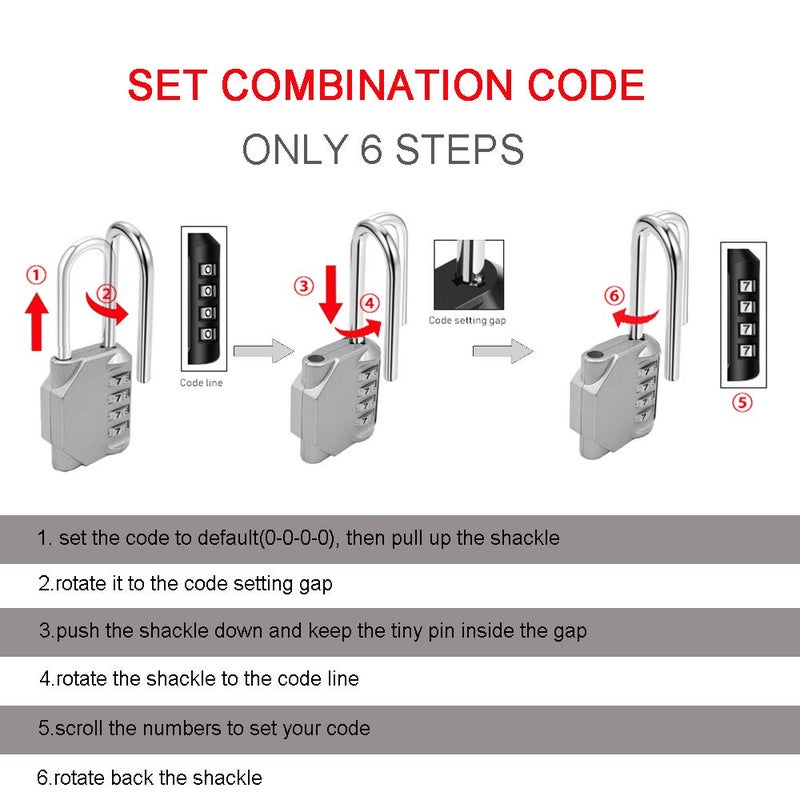 Disecu 2 Pack disecu 2.6 Inch Long Shackle Combination Lock, 4 Digit Outdoor Waterproof Padlock for School Gym Locker, Sports Locker, Storage Unit, Gate, Fence, Toolbox, Cabinet (Silver) - Image 5